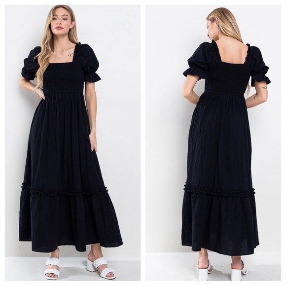 Boho Beautiful Linen Solid Smoking Detail Long Dress - Picture 1 of 5